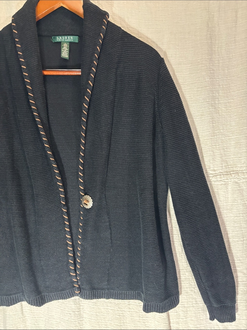 Lauren Ralph Lauren Black Cardigan with Tan Whipstitch Trim Linen Cotton Blend - Picture 5 of 10